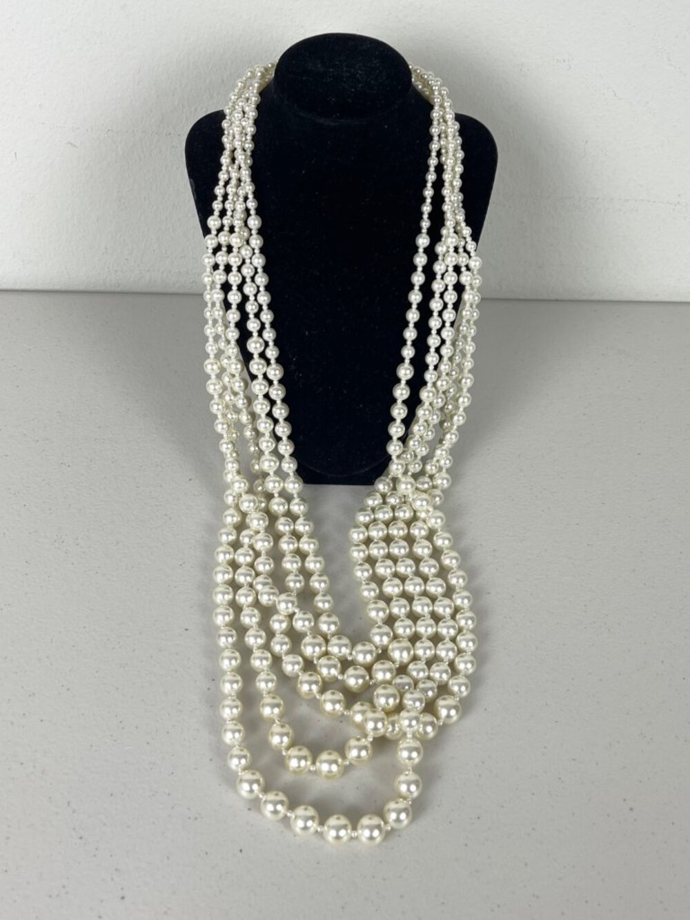Faux Large Cream Round Pearl Multi Strand Graduated Necklace Vintage 20"